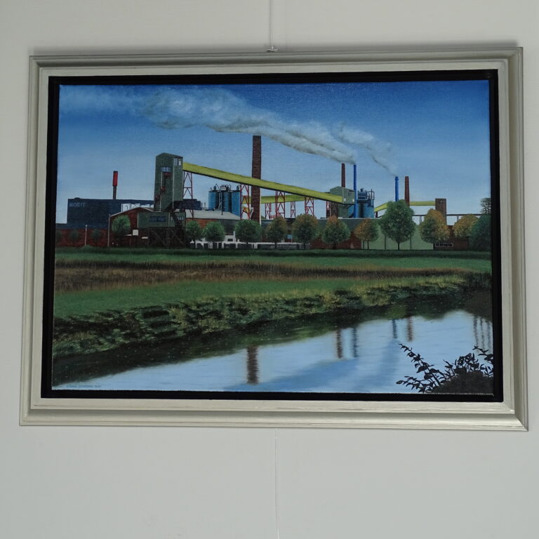 Schilderij van de Purit fabriek in Klazienaveen te bewonderen in het Gezondheidscentrum